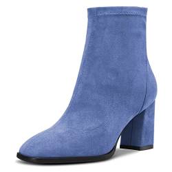 Saekcted Damen Hoher High Chunky Blockabsatz Absatz Heel Geschlossene Eckige Zehenkappe Stiefeletten Slip-on Klassisch Reißverschluss 7.5 CM Heels Schuhe Blau 38 EU von Saekcted