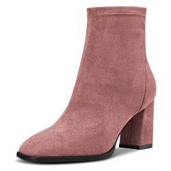 Saekcted Damen Hoher High Chunky Blockabsatz Absatz Heel Geschlossene Eckige Zehenkappe Stiefeletten Slip-on Klassisch Reißverschluss 7.5 CM Heels Schuhe Rosa 40 EU von Saekcted