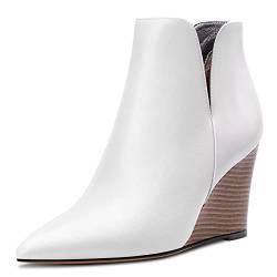 Saekcted Damen Hoher High Keilabsatz Absatz Heel Geschlossene Spitze Zehenkappe Stiefeletten Two-Piece Klassisch Slip-on Schuhe Weiß 37 EU von Saekcted