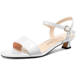 Saekcted Damen Kitten Niedrige Absatz Heel Open Zehenkappe Knöchelriemen Sandalen Slingback Schnalle Dress Schuhe Lässig Party Sommer 3 CM Heels Weiß 38 EU von Saekcted