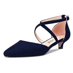 Saekcted Damen Mädchen Niedrige Kitten Absatz Heel Geschlossene Eckige Zehenkappe Kreuzriemen Pumps Klassisch Cute Dress 3.5 cm Heels Navy Blau 42 EU von Saekcted