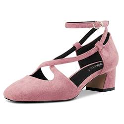 Saekcted Damen Mittlerem Chunky Blockabsatz Absatz Heel Eckige Zehenkappe Pumps Kreuzriemen Knöchelriemen Schnalle Party Cute Schuhe Rosa Wildleder 40 EU von Saekcted