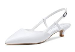 Saekcted Damen Niedrige Kitten Stiletto Absatz Heel Geschlossene Spitze Zehenkappe Pumps Knöchelriemen Slingback Schnalle Hochzeit Büroschuhe Cute Sandalen Schuhe Weiß Matt 41 EU von Saekcted