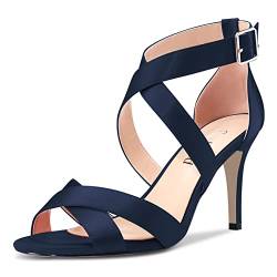 Saekcted Damen Stiletto Hoher High Absatz Heel Kreuzriemen Sandalen Peep Open Zehenkappe Knöchelriemen Hochzeit Party Clear 8 CM Heels Navy Blau Satin 42 EU von Saekcted