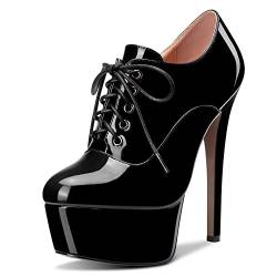 Saekcted Damen Stiletto Hoher High Plateau Plattform Absatz Heel Runde Zehenkappe Pumps Schnüren Schnürung Reißverschluss Sexy Schuhe Schwarz 37 EU von Saekcted