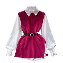 Damen Herbst Winter Lose Langarm Weiß Hemd Shirt + Split Knit Weste Zweiteiliger Anzug Top, rose pink, One size von Saeohnssty