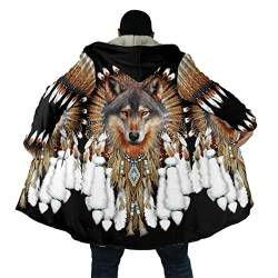 Native Wolf Animal 3D-Bedruckter Mantel, Dicker, Warmer Kapuzenmantel Für Herren, Fleece, Unisex, Lässig, Winddicht von Saeohnssty