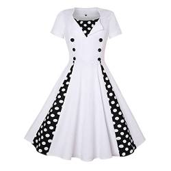 Saeohnssty Elegant Polka Dot Vintage Retro Kleid Kurzarm Frauen Knopf Sommer Party Kleid Baumwolle 50er Jahre Rockabilly Kleid, Weiß mit schwarzen Punkten, Medium von Saeohnssty