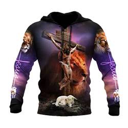 Saeohnssty Wunderschöner Christlicher Jesus-Löwe-3D-Allover-Bedruckter Herren-Kapuzenpullover, Unisex, Freizeitjacke, Pullover von Saeohnssty