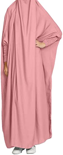 Saibit Damen Kleid Muslimisches Einteiliges Gebetskleid für Damen Abaya Kleid Islamischer Naher Osten Dubai Türkei Maxi Abaya Kaftan mit Hijab Kleid in voller Länge, Rosa, Einheitsgröße von Saibit