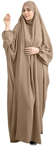 Saibit Muslimisches Einfarbig Lose einteiliges Gebetskleid Full Cover Hooded Islamic Abaya Kaftan mit Hijab konservative Kleidung den Ramadan für Ethnische, Abend, Party, Braun, Einheitsgröße von Saibit