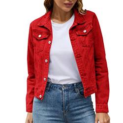 Damen Jeans Jacke Langarm Einfarbig Knopf Kurze Jeansjacke mit Taschen Leichte Jacken für Frauen Fashion Aesthetic Vintage Streetwear (Rot, L) von Saingace