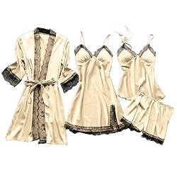 Dessous Frauen Silk Lace Babydoll Nachtwäsche Nachthemd Pyjamas Set Kimono Damen Morgenmantel Satin Bademantel Seide Roben V Ausschnitt Mit Blumenspitze (Beige, XL) von Saingace