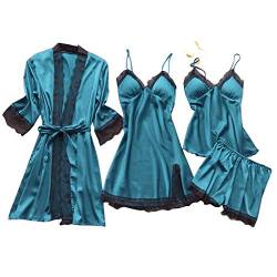 Dessous Frauen Silk Lace Babydoll Nachtwäsche Nachthemd Pyjamas Set Kimono Damen Morgenmantel Satin Bademantel Seide Roben V Ausschnitt Mit Blumenspitze (Blau, L) von Saingace