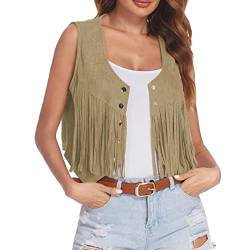 Fransenweste für Damen Wildlederimitat Vintage-Weste ärmellos 70er-Jahre-Hippie-Kleidung Boho-Westernjacke Ärmellose Sommer-Western-Denim-Punk-Cardigan-Jacke für Damen mit Fransen (01#braun, M) von Saingace