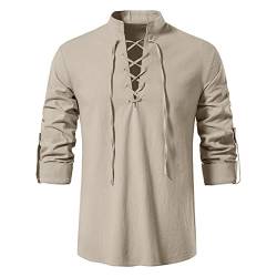 Männer Solide Stehkragen Top Hemd Lose Langarm Top Hemd Laning Mode Elegante Bluse Top Casual Top Herren-Hemd einfarbig Stehkragen lockeres langärmliges Henley-Hemd zum Binden (01#Khaki, M) von Saingace