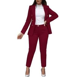 Saingace Blazer Damen Elegant Hosenanzüge Sportlich 2-teilig Anzugjacke Mode Damenanzug Longblazer Freizeitmantel Business Mantel Rave Oberbekleidung (01#Wein, XXL) von Saingace