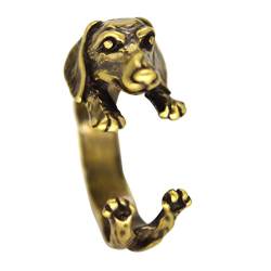 Saingace Dackel Haustier Hund Tier Ring Modeschmuck Wurst Hund Punk Offener verstellbarer Ring Wurst Hund Offener Trend Ring Lustiger Spaltring (Gold, Einheitsgröße) von Saingace