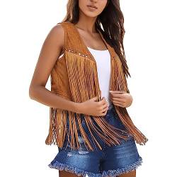 Saingace Damen-Weste mit Fransen Kunst-Wildleder vorne offen Vintage-Weste ärmellos 70er-Jahre-Hippie-Kleidung Boho-Westernjacke Damen-Weste aus einfarbigem Wildleder-Samt mit Fransen von Saingace