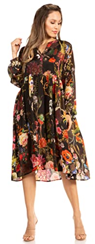 Sakkas 1374 - Jules Damen Boho Langarm Split Neck Blumen Midikleid Loose Cocktail - 579-Schwarz - L/XL von Sakkas