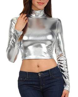 Sakkas 141786 Metallic Liquid Mock Neck Rollkragenpullover mit Langen Ärmeln Silber - 3X von Sakkas