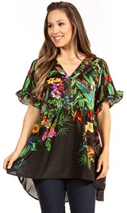 Sakkas 1576 - Eli Damen Casual V-Ausschnitt Swing Rüschen Kurzarm Top Bluse Tunika Blumen - 588-Schwarz - L/XL von Sakkas