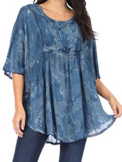 Sakkas 16031 - Cleeo Lange, breite Krawatten-Spitze gestickte Sequin Poncho Bluse Top Cover Up - Ink Blue - OS von Sakkas