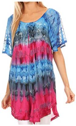 Sakkas 16786 - Monet Long Tall Abbindebatik Ombre gestickte Kappe Bluse Hemd Top - Blau/Pink - OS von Sakkas