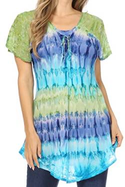 Sakkas 16786 - Monet Long Tall Tie Dye Ombre Besticktes Cap Ärmel Bluse Shirt Top - Grün/Blau - OS von Sakkas