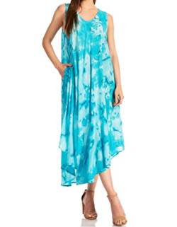 Sakkas 16801 - Laeila Abbindebatik Gewaschene Hoch Lange Ärmel Tank Top Kaftan Kleid/Vertuschung - Türkis - OS von Sakkas