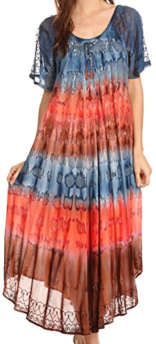 Sakkas 17506 - Sula Lange geschnürtes Viskose Tie-Dye-Weithals Bestickt Boho Sundress Cover Up - Grau/Coral - OS von Sakkas