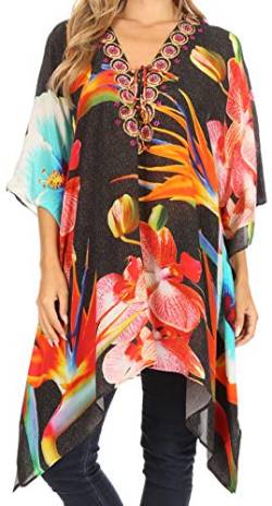 Sakkas 1825 - Aymee Frauen Kaftan Poncho Cover Up V-Ausschnitt Top Schnürung mit Strass - FLBK32-Black - OS von Sakkas