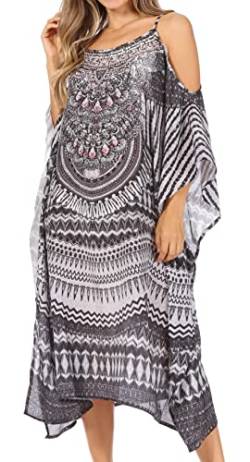 Sakkas 2017 - Amaya Loose Fit Langes, bedrucktes Riemchen-Ausschnitt-Schulter-Kaftan-Kleid mit U-Ausschnitt - TRW147-White - OS von Sakkas