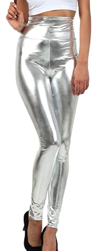 Sakkas 2616 Glänzende flüssige Metallic-Leggings mit hoher Taille und Stretch - Silber - 2X von Sakkas