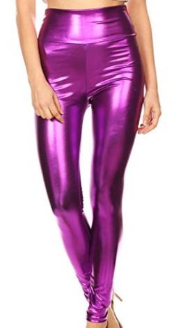 Sakkas 2616 Shiny Liquid Metallic High Taille Stretch Leggings - Lila - M von Sakkas