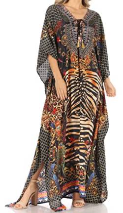 Sakkas AH62 - Milanna Damen V-Ausschnitt Kurzarm Kaftan Kleid Vertuschung mit vibrierendem Druck - Print-4 - OS von Sakkas