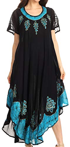 Sakkas B009 Batik Hindi Cap Sleeve Kaftan Kleid - BlackTurquoise - OS von Sakkas