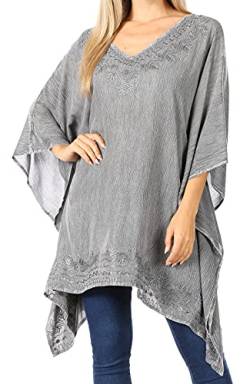 Sakkas K2022S - Wren Lightweight Circle Poncho Top Bluse mit detaillierter Stickerei - Grau - OS von Sakkas