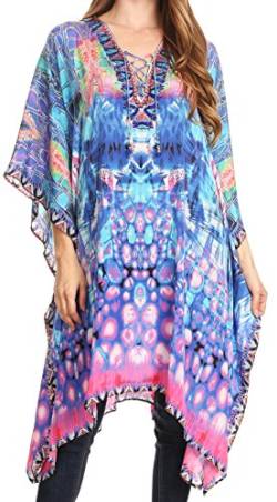 Sakkas P2 - Kristy Long Tall Leichtes Kaftan Kleid/Cover mit V-Ausschnitt Juwelen - 17128-TurqPink - OS von Sakkas