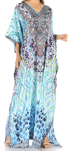 Sakkas P39 - Anahi Flowy Design Langes Kaftan-Kleid mit V-Ausschnitt/Strass mit Strass - TRG225-Grün - OS von Sakkas