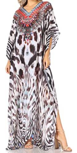 Sakkas P39 - Anahi Flowy Design Langes Kaftan-Kleid mit V-Ausschnitt/Strass mit Strass - ZW11-Weiß - OS von Sakkas