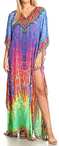 Sakkas P39 - Anahi Flowy Design V Neck Langes Kaftan Kleid/Cover Mit Rhinestone - 17181-Grün/Blau - OS von Sakkas