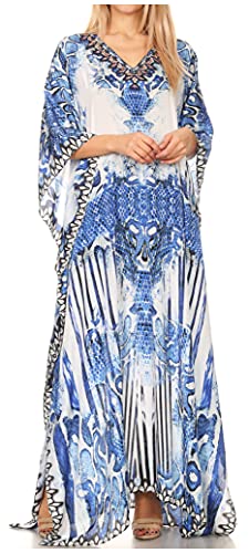 Sakkas P39 - Anahi Flowy Design V Neck Langes Kaftan Kleid/Cover Mit Rhinestone - 17186-Blau/Weiß - OS von Sakkas