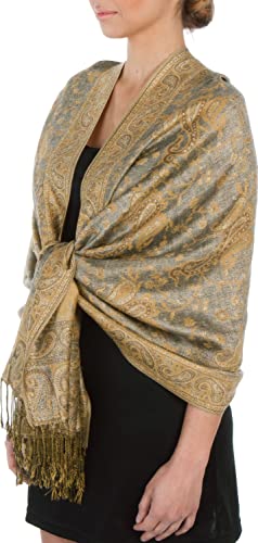 Sakkas Pashmina Schal, doppellagig, Jacquard, Paisleymuster, Stola, Grau / Champagner, Einheitsgröße von Sakkas