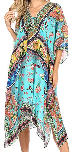 Sakkas SS1647 KF28035A- Kristy Long Tall Leichtes Kaftan Kleid/Cover mit V-Ausschnitt Juwelen - Turquoise Multi - OS von Sakkas