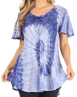 Sakkas TS-2209 - Petra Damen Casual Loose Flared Korsett Kurzarm Spitze Bluse Top Tunika - Blau - OS von Sakkas