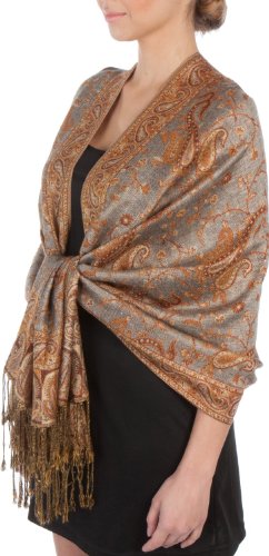 Sakkas Weicher, seidiger, doppellagiger Jacquard-Pashmina-Schal mit Paisleymuster, Grau / Kupferbraun, Einheitsgröße von Sakkas