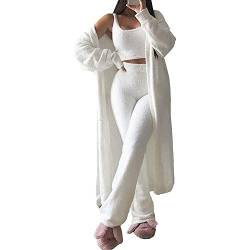 3-teiliges Lounge-Set für Damen Sexy Solid Plush Pyjamas Loungewear-Outfits Crop Tops mit U-Ausschnitt und hoher Taille Hose mit offener Vorderseite und offener Strickjacke von SalmophC