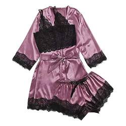 Damen Spitze Satin Robe 3 Stück Nachtwäsche Pyjama Set Weiche Bequeme Satin Nachtwäsche Set mit Robe Camisole Schlafshorts von SalmophC