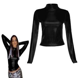 Damen Langarm Glänzende Oberteile, Metallic Flüssigkeits Rollkragenoberteile mit Stehkragen, schmal geschnittene, lässige Pullover Tunika für Clubwear, solide T Shirt Bluse Lederoptik Party Tanktops von SamHeng